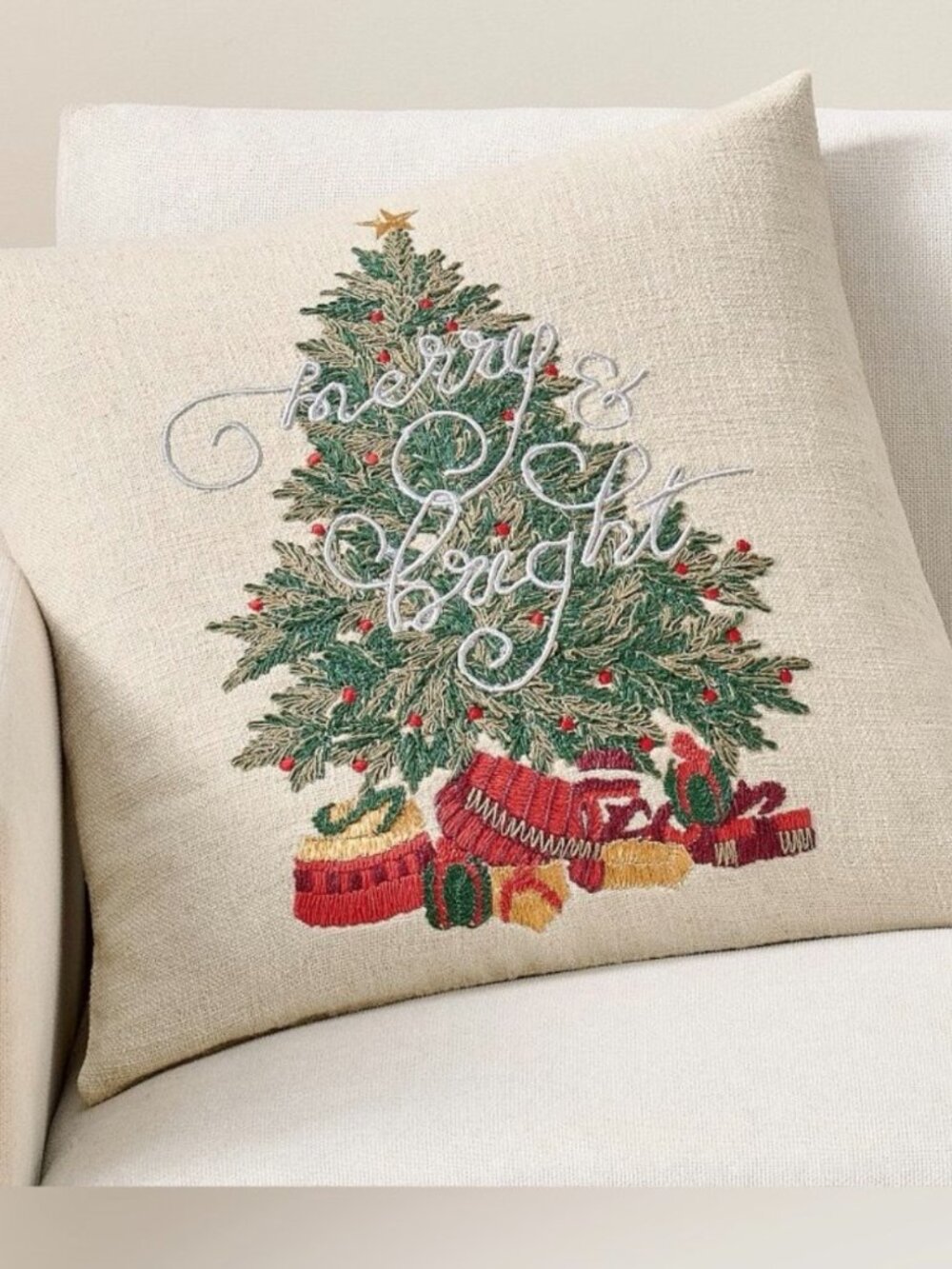 Pottery Barn Merry & Bright Embroidered Christmas Tree Holiday Pillow Cover